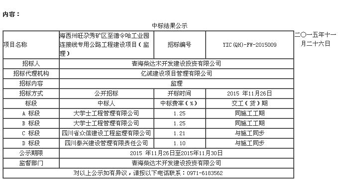 中標(biāo)結(jié)果公示