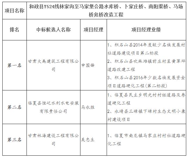 中標候選人項目經理業(yè)績